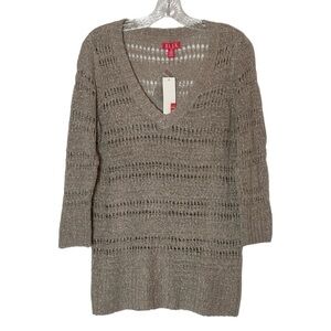 Elle Pullover Sweater Women Size M NWT Taupe V-neck Open Knit Shimmer Layering